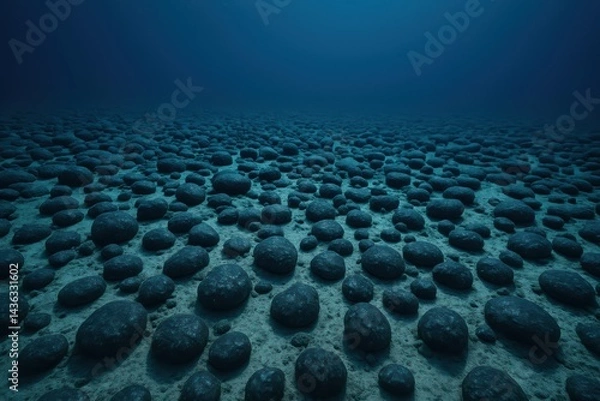 Fototapeta Wide underwater scene of polymetallic nodules field