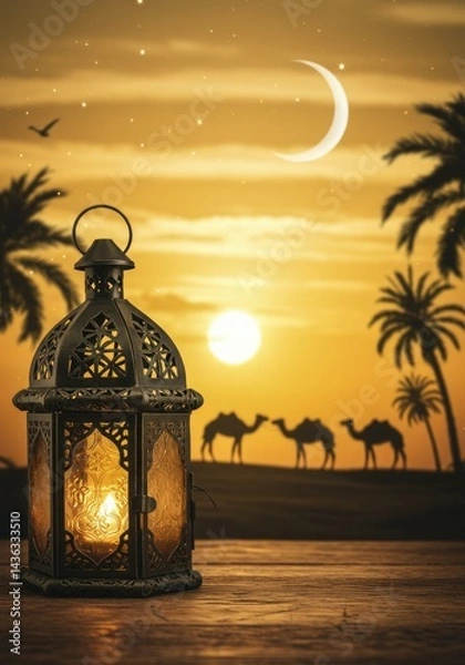 Obraz lantern in the wooden table with bokeh background silhouette of camels, crescent, and dates trees
