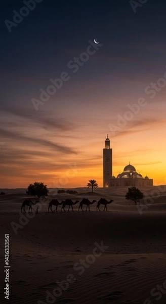 Fototapeta lantern in the wooden table with bokeh background silhouette of camels, crescent, and dates trees