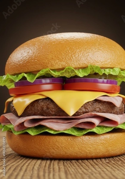 Fototapeta  big tasty hamburger with cheese, lettuce, tomato, and onion on blur background