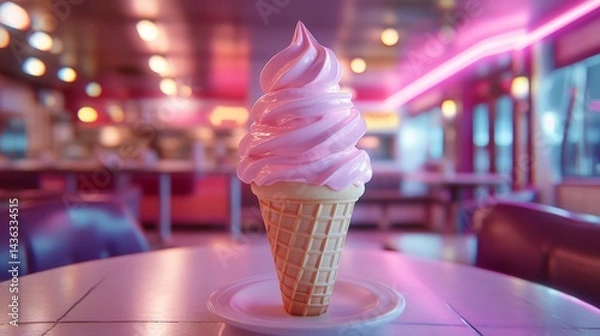 Fototapeta Pink Soft Serve Ice Cream Cone in Retro Diner