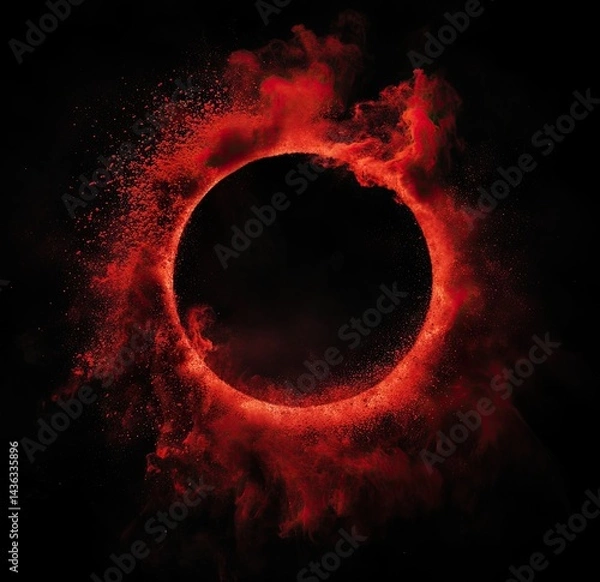 Fototapeta Fiery red powder explosion framing a dark circle