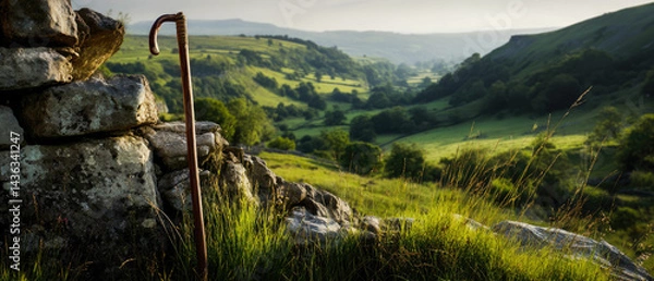 Fototapeta Scenic valley view with stone wall and shepherd's crook in summer day