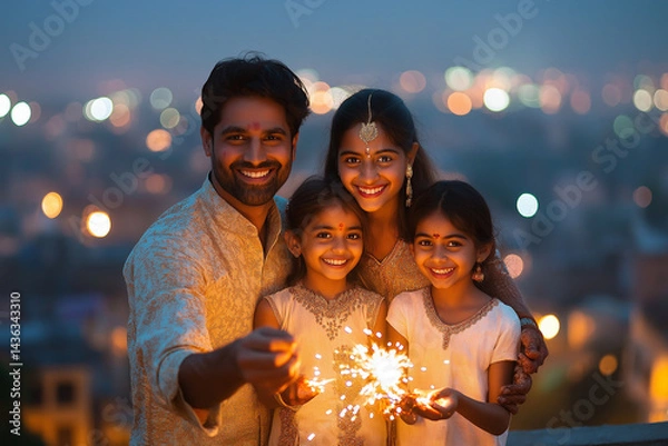 Obraz Happy Indian Family Celebrating Diwali with Sparklers on Balcony