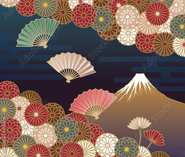 Fototapeta 富士山、菊の花と扇の伝統的な和風模様