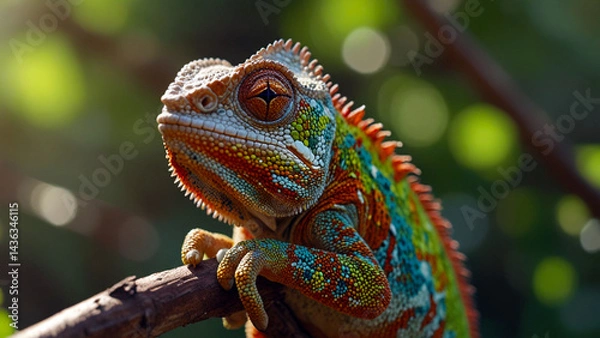 Fototapeta Mesmerizing Close-Up: A Colorful Chameleon Crawling in Sunlight (4K)