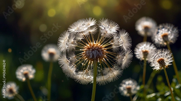 Fototapeta The Art of Dispersal: A Hypnotic Close-Up of Dandelion Seeds in Motion