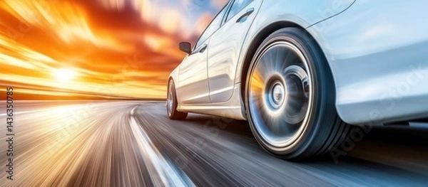 Fototapeta Dynamic automotive motion blur captured at sunset on winding road