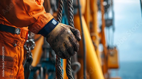 Fototapeta Worker in Orange Coveralls Holding a Rope on an Offshore Platform