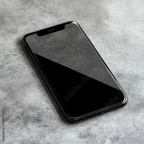 Fototapeta Modern smartphone on a textured surface.  A sleek, black device rests on a mottled gray surface. The screen is dark and blank