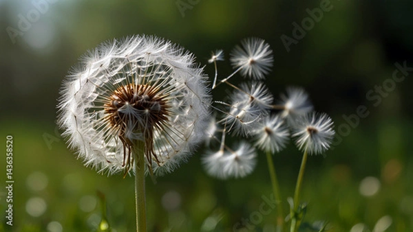 Fototapeta Nature’s Ballet: A Stunning Macro Shot of Dandelion Seeds Taking Flight