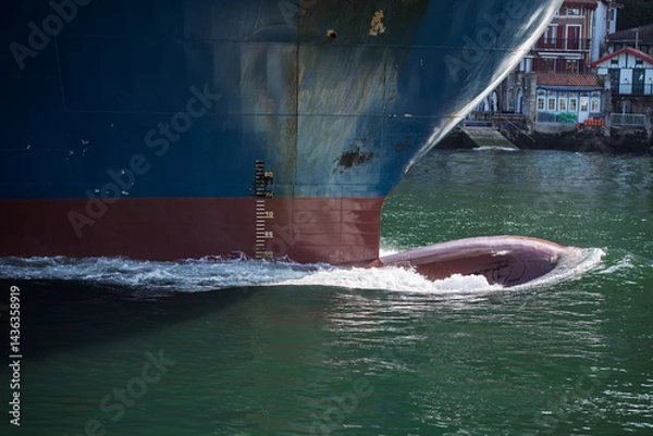 Fototapeta Bow of a ship, close-up, entering the port