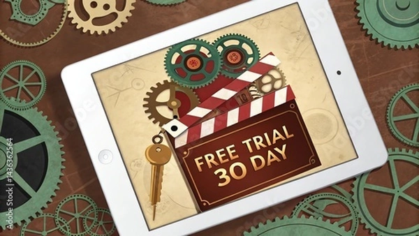 Fototapeta Free trial 30 day vector showing a movie trivia game app on an iPad with a steampunk gear frame, the app icon a film reel key with bronze cogs