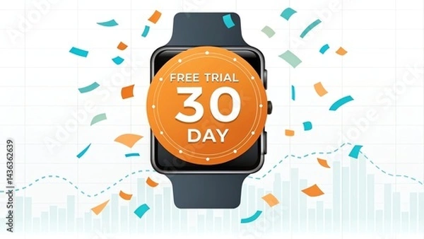 Fototapeta Free trial 30 day vector showing a budgeting app on a smartwatch, with "Free Trial 30 Day" in clean white text on a coin-shaped banner, bursting with orange and teal confetti in a financial dashboard 