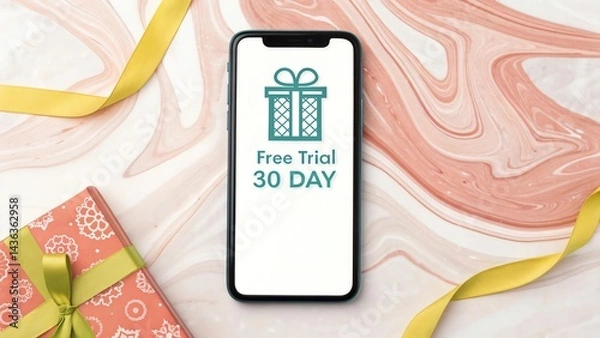 Fototapeta Free trial 30 day vector of a digital subscription box app on Phone with a marbleized liquid texture, the app icon a gift box key with filigree details