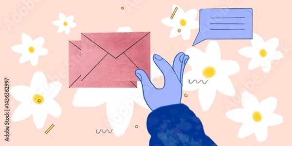 Obraz Illustration of a blue hand reaching for a red envelope, surrounded by white flowers on a pastel pink background. Light and cheerful mood.