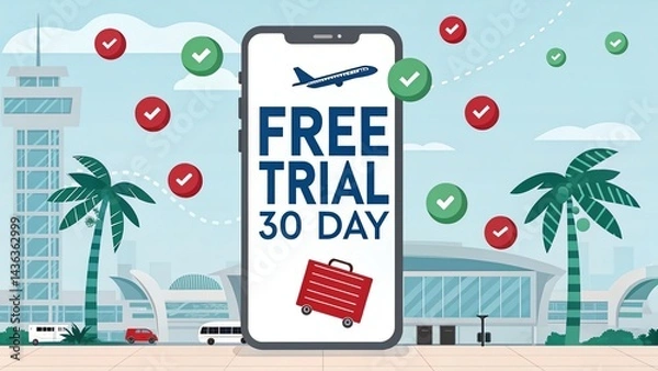 Fototapeta Free trial 30 day vector featuring a travel planning app on a phone