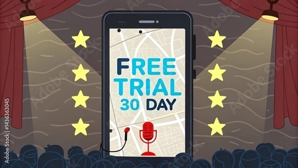 Fototapeta Free trial 30 day vector featuring a karaoke app on a phone with a topographic map texture, the app icon a mic stand key with glowing notes