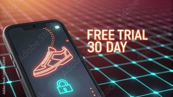 Fototapeta Free trial 30 day vector featuring a dance game app on a phone with a neon grid texture, the app icon a shoe-shaped key with glowing steps