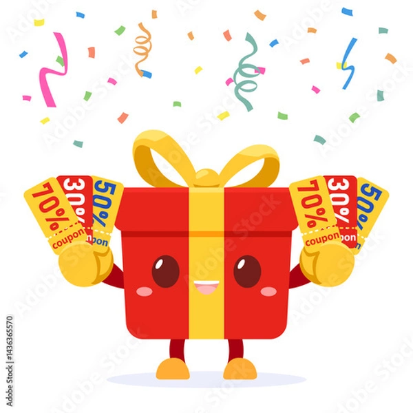 Fototapeta Cute cartoon Red mystery gift box is happy holding a discount sign with confetti and ribbon isolated on white background. Vector illustration flat design.