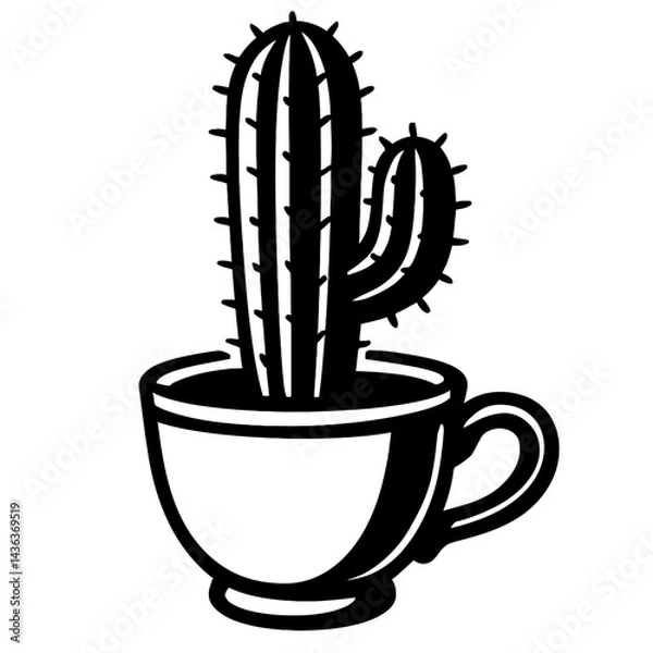 Obraz Cactus Plant in Teacup - Black and White Illustration for Quirky Design, Plants, Drinks, or Nature Themes