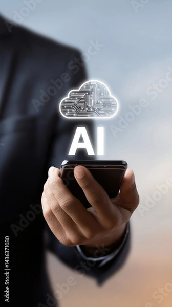 Fototapeta businessman using mobile phone. virtual ''AI'' text and cloud computing backup icon.
