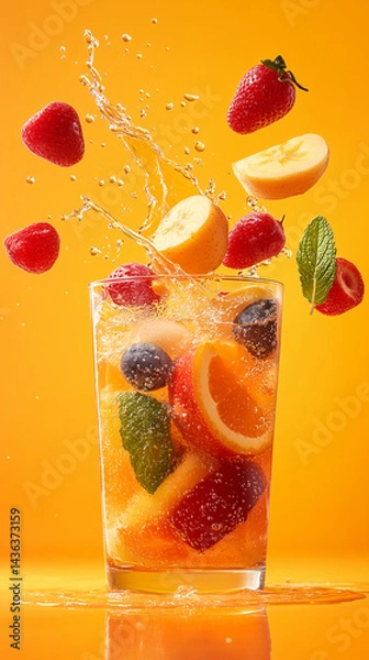 Obraz a fresh fruit cocktail with pieces of fruits falling into it and splashes of juice on a orange background 