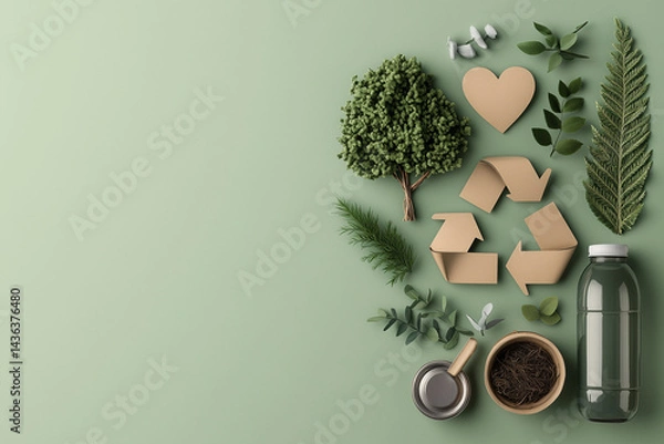 Obraz flat lay of eco-friendly icons made of craft paper: recycle sign, tree, heart, leaf, arranged on pastel green background