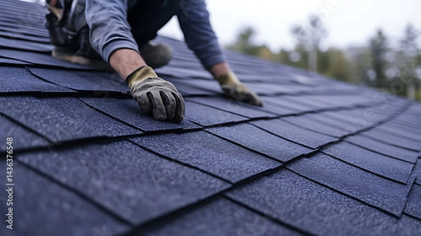 Fototapeta Roofing Contractor Installing Asphalt Shingles