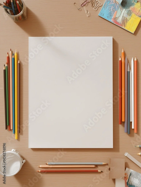 Fototapeta a4 coloring book empty mockup on a desk, coloring pencils and children stationary on the table