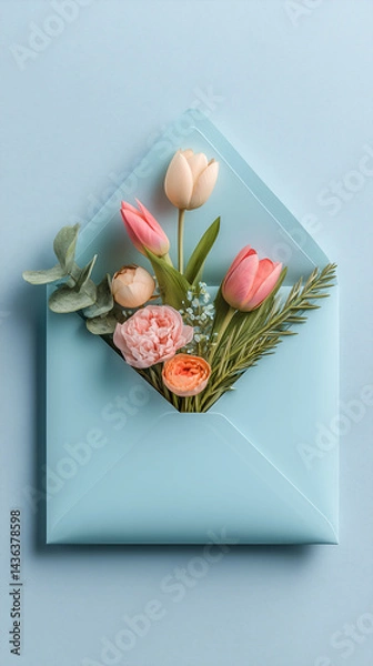 Obraz A light blue envelope filled with a flower arrangements with tulips, greenery,and peonies on a light blue background