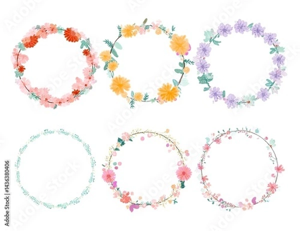 Fototapeta Cute flower wreath frame set, vector illustration on a white background, pastel colors, cute style,