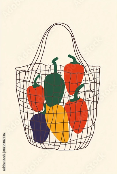 Obraz A bright and minimalist vector illustration of a net bag filled with colorful bell peppers, set against a sandy beige background