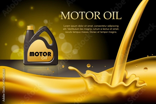 Fototapeta Engine or motor oil on the light golden bokeh background with containers, 3d illustration