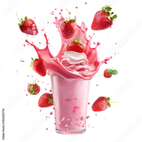 Fototapeta Refreshing strawberry milkshake splash with floating whole strawberries, creating a delicious and vibrant scene, Isolated Transparent Background