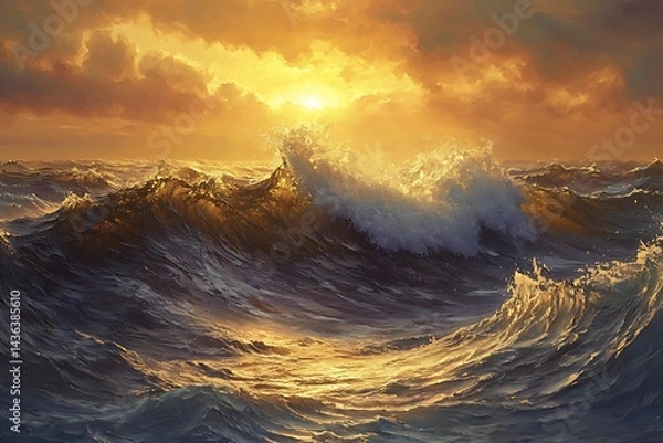 Obraz A powerful ocean swell painted with rich textures, its foam cresting against a golden sunset.