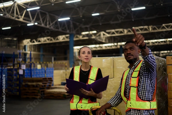 Obraz Caucasian female warehouse inspector and American-African warehouse worker are checking stock in warehouse to ensure quality and order before shipping to customer. Quality Assurance Logistics Business