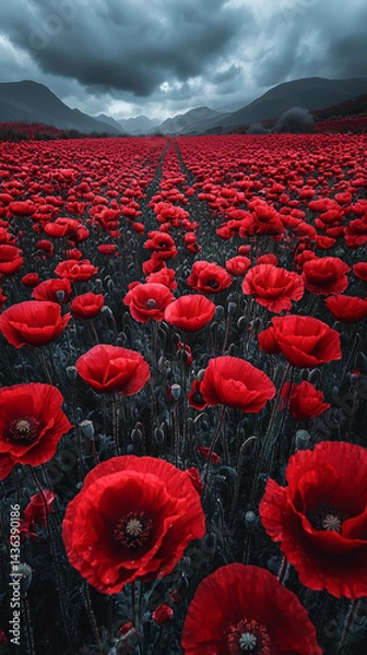 Obraz Serene poppy fields beneath stormy, cinematic clouds