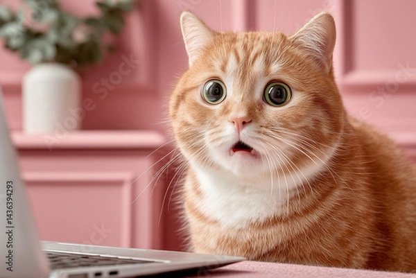 Fototapeta A cat looking frightened on a pink background 