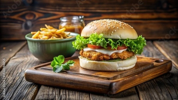 Obraz A delectable crispy chicken burger, nestled on a rustic wooden board, accompanied by a bowl of golden french fries and a side of sauce, presents a tempting culinary scene.