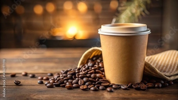Obraz Aromatic Coffee in a Disposable Cup Near Roasted Beans on Rustic Wood