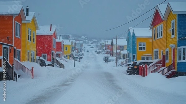 Obraz Snowy Street of Colorful Houses in Newfoundland