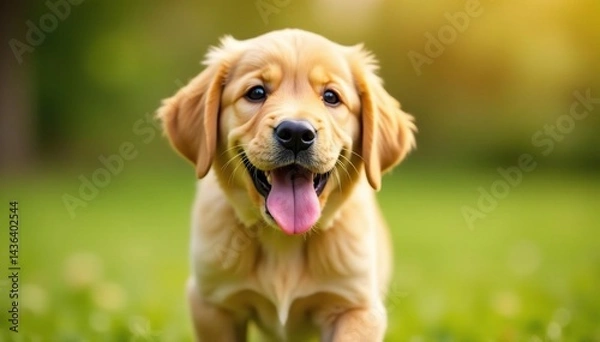 Fototapeta Playful golden retriever puppy, ears flopped, tongue out, tongue out, puppy, golden