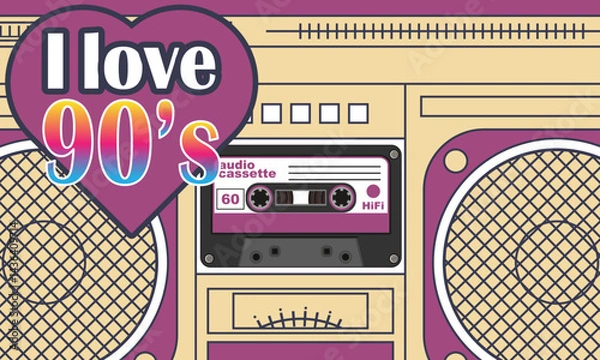 Fototapeta Big heart with the inscription I love the 90s on the background of a stylized stereo tape recorder with an audio cassette. Vector illustration