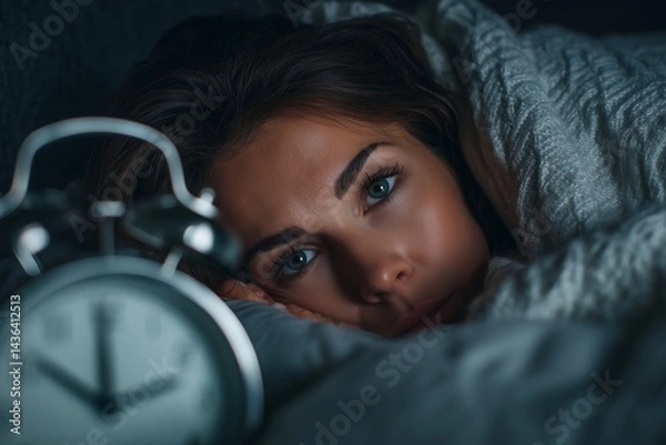 Obraz Sleepless woman suffering from insomnia, awake at night with alarm clock, stress and tiredness .