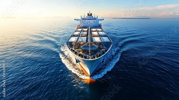 Obraz LNG ship designed for efficiency and clarity, seen from drone height with deep shadows adding depth, chrome containers highly detailed with distinct industrial markings, calm ocean reflecting