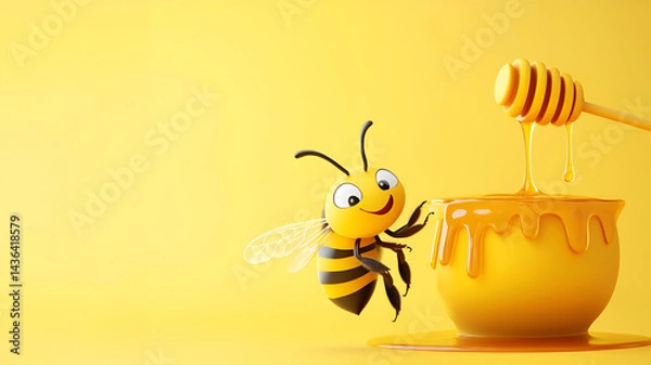 Fototapeta Cheerful cartoon bee enjoying honey dripping from a wooden dipper in a vibrant yellow background showcasing sweetness and nature's bounty concept
