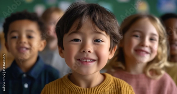 Fototapeta Group of diverse children smiling joyfully in classroom setting, showcasing friendship and happiness. background features green chalkboard, adding to educational environment