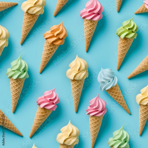 Fototapeta Pattern of colorful ice cream cones on blue background. Summer dessert concept.