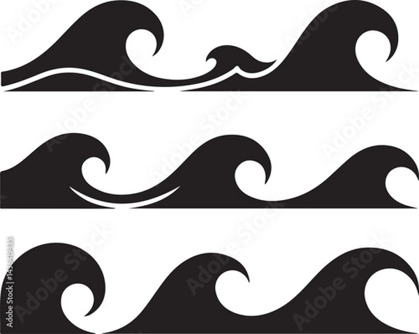 Fototapeta Collection of stylized ocean wave shapes Silhouette vector art on transparent background. Design template. Vector illustration.
